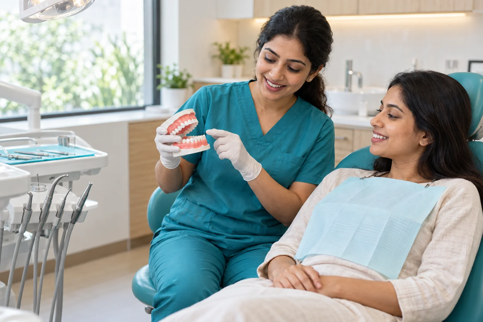 Illustration of a dentist explaining a dental model to a patient
