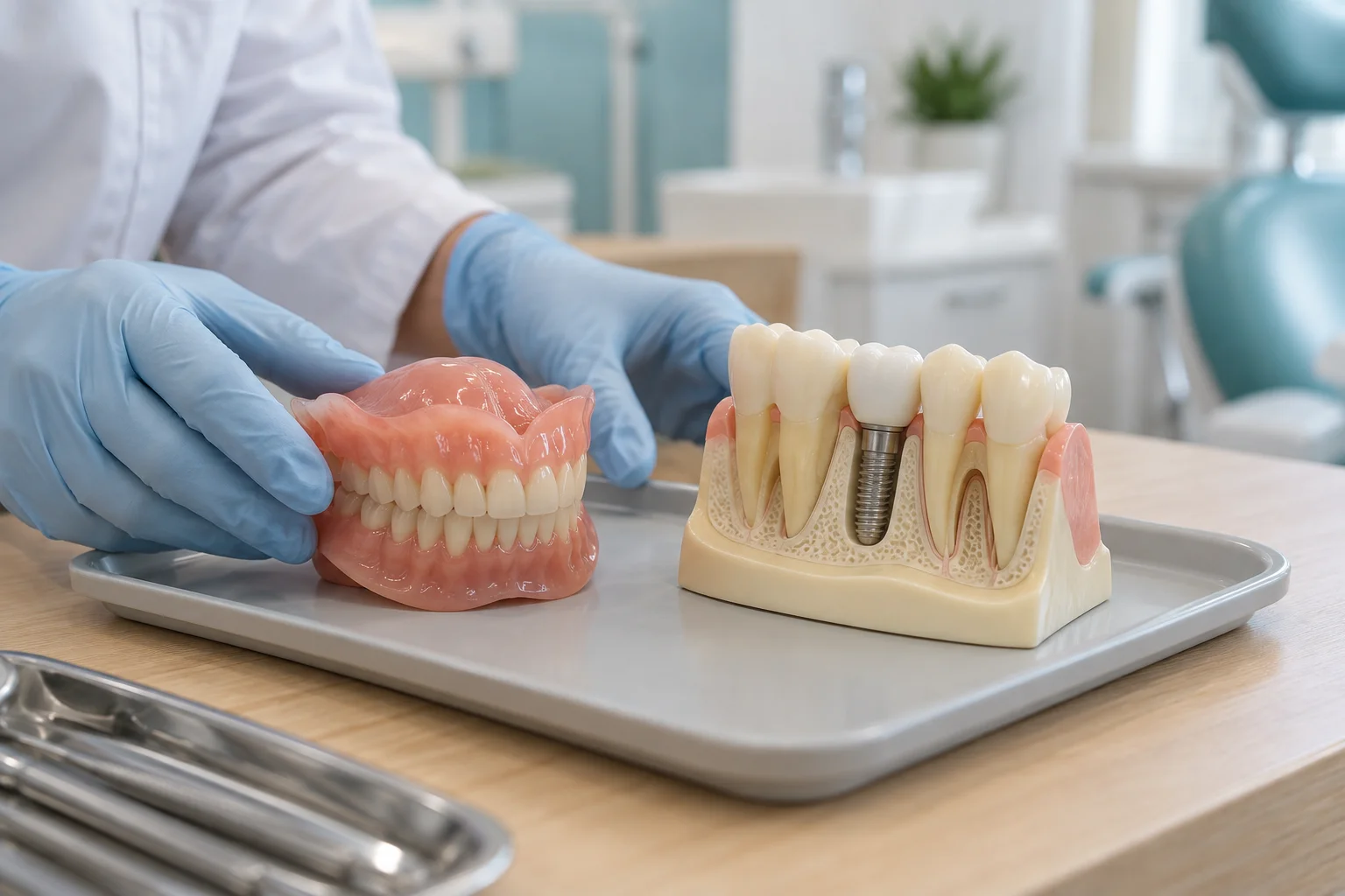 Illustration of a denture and an implant teaching model on a clinical tray