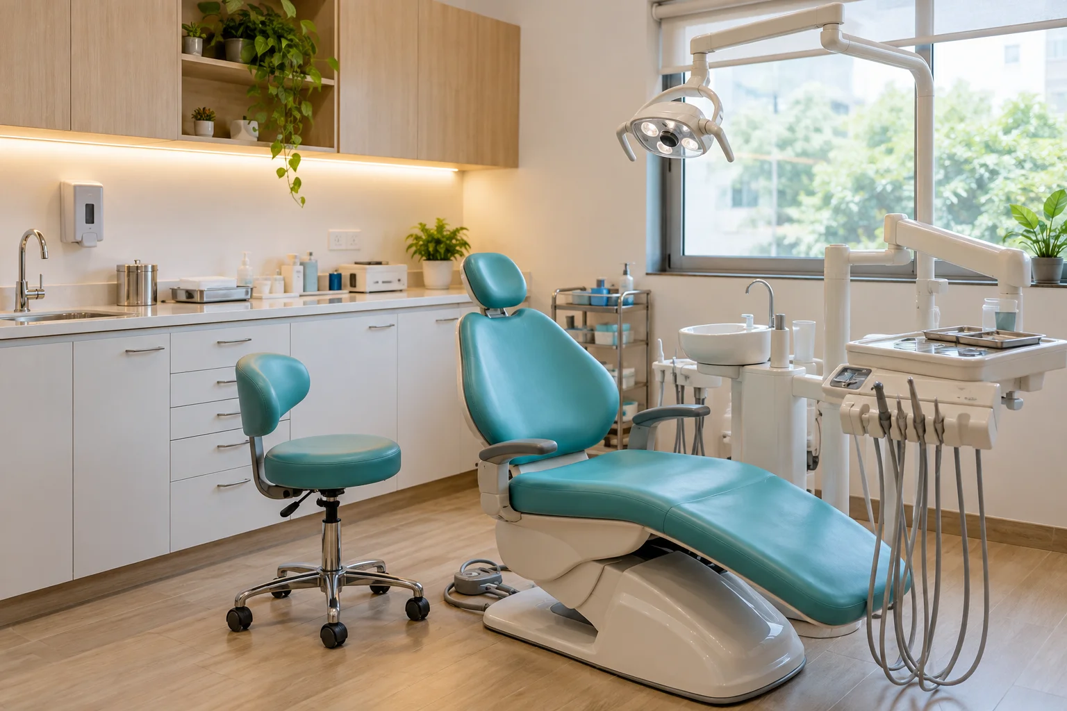 Illustration of a dental treatment room with a teal dental chair