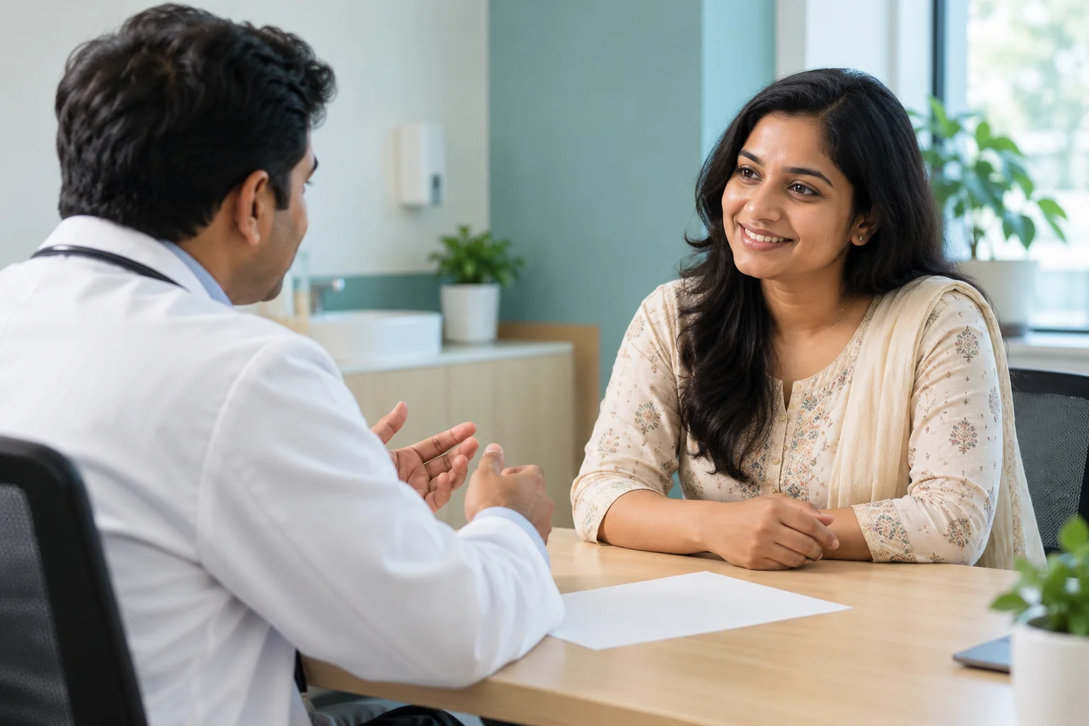 Illustration of a patient talking with a physician at a consultation desk